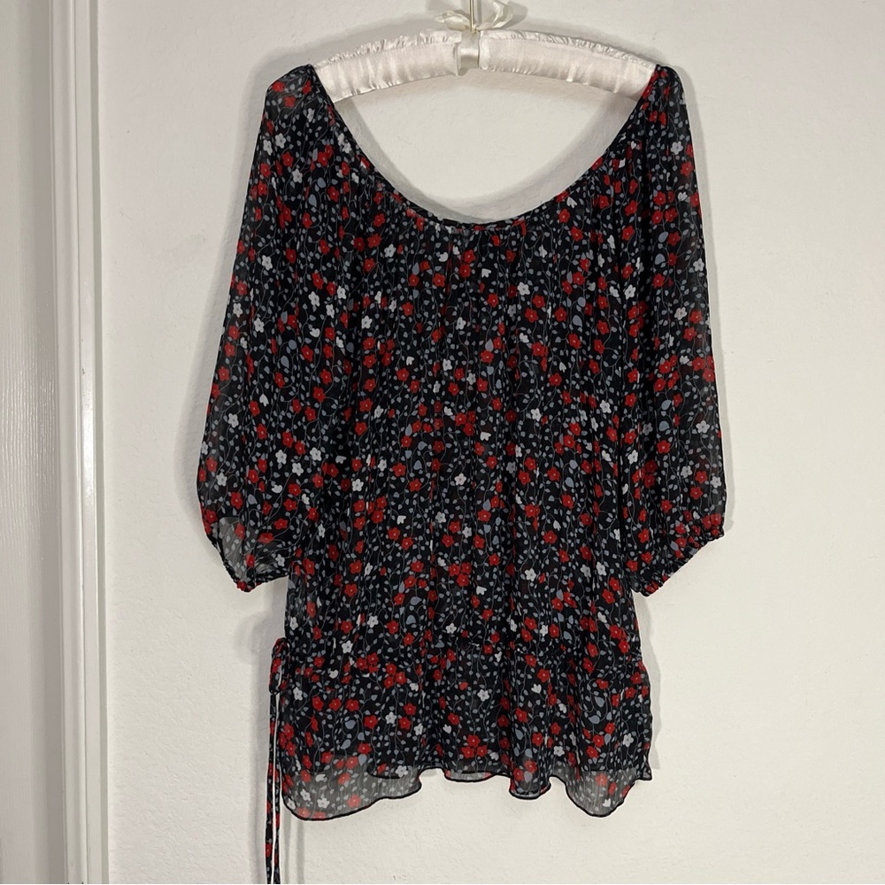 Pure Energy Navy Blouse Red White Blue Floral Shirt Flowy Top Target Plus Sz 1X - Picture 7 of 11